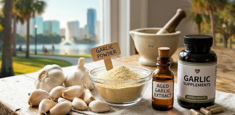 benefits of garlic: cloves beside labeled examples of garlic powder, aged garlic extract, and a supplement bottle.