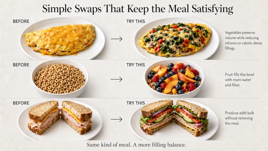 Before-and-after photos of an omelet, cereal bowl and sandwich rebuilt with more vegetables or fruit.