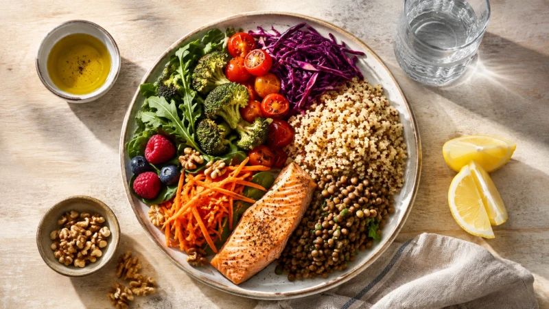 Plant-forward cancer-preventing diet plate with vegetables, whole grains, beans, salmon, fruit, olive oil, and water