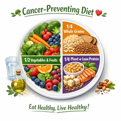 Plate diagram showing a cancer-preventing diet with half vegetables and fruit, a quarter whole grains, and a quarter plant or lean protein.