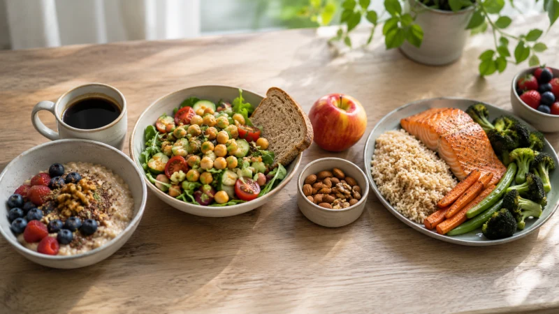 Oatmeal breakfast, chickpea salad lunch, fruit and nuts snack, and salmon with brown rice and vegetables for dinner