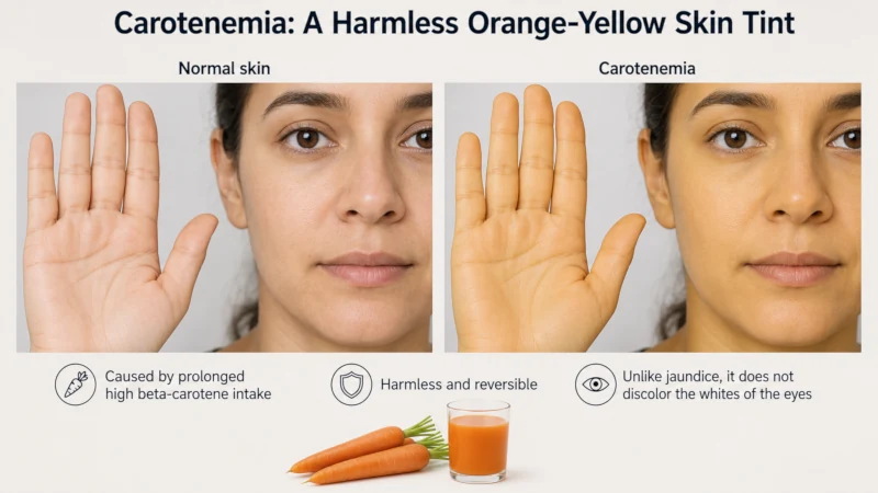Comparison illustration of normal skin tone next to carotenemia, the harmless orange-yellow tint from excess beta-carotene.