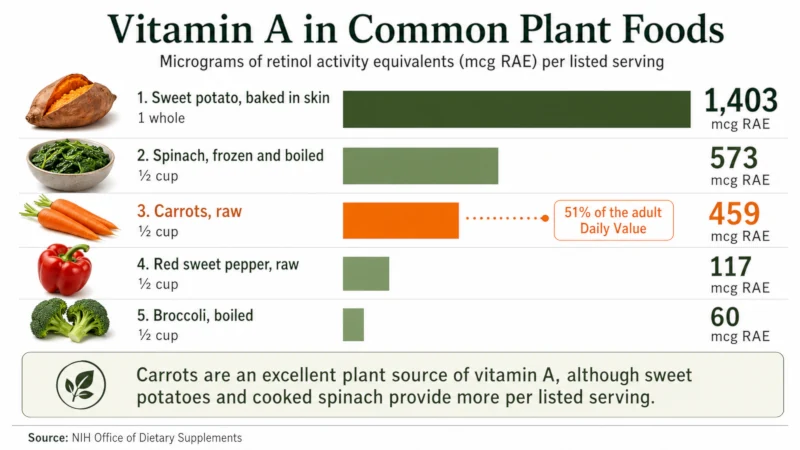 Bar chart comparing vitamin A content in carrots against other common vegetables and foods.
