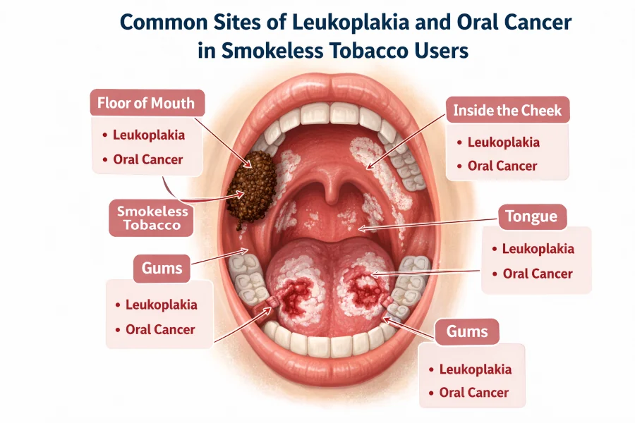 Labelled mouth diagram showing common sites of leukoplakia and oral cancer in smokeless tobacco users.