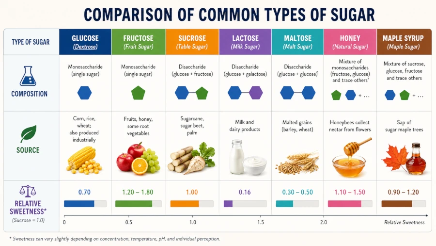 Chart comparing different types of sugar by composition, source, and relative sweetness.