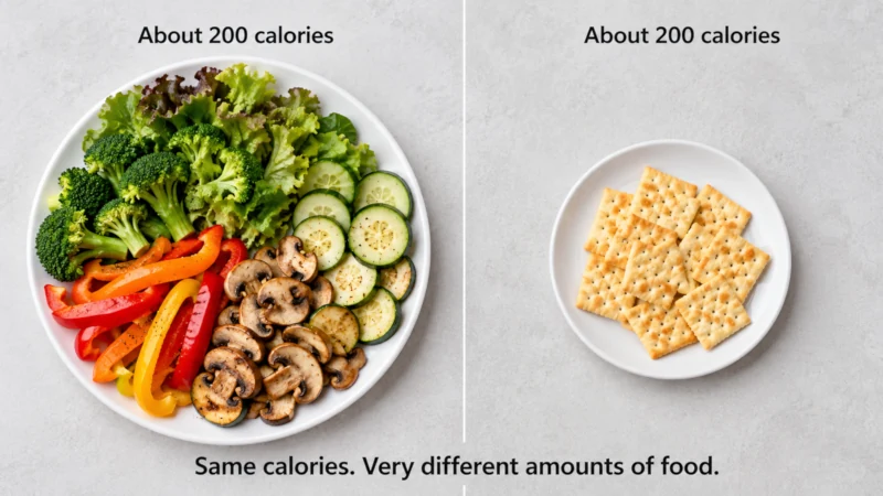 Side-by-side plates showing 200 calories of vegetables next to 200 calories of crackers.