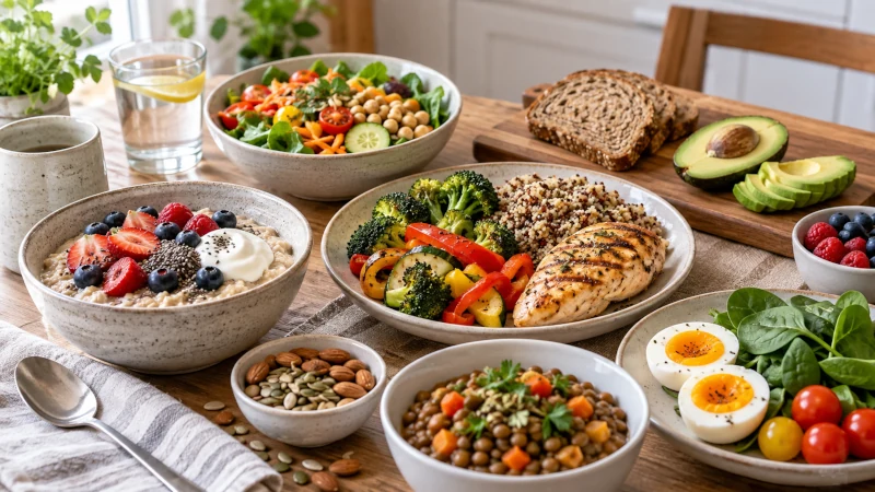 Balanced meal with whole grains, protein, vegetables, healthy fats, and legumes