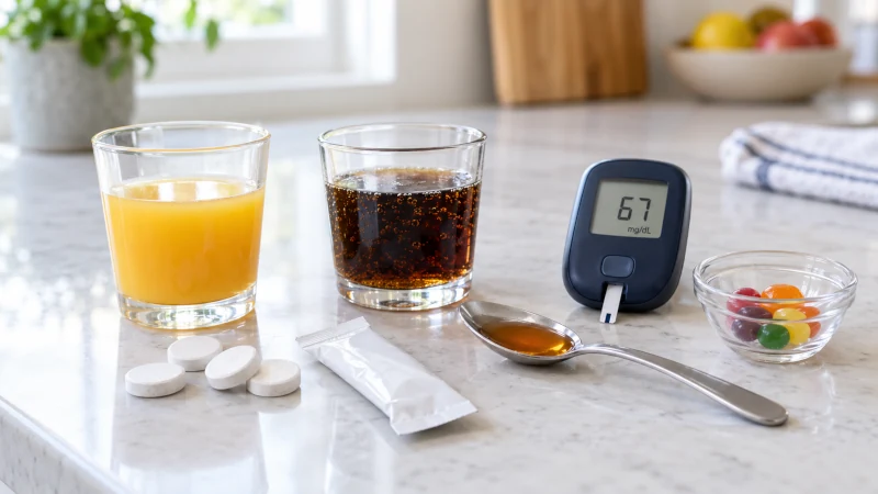 Glucose tablets, juice, regular soda, honey, and candy as fast-acting carbohydrate options