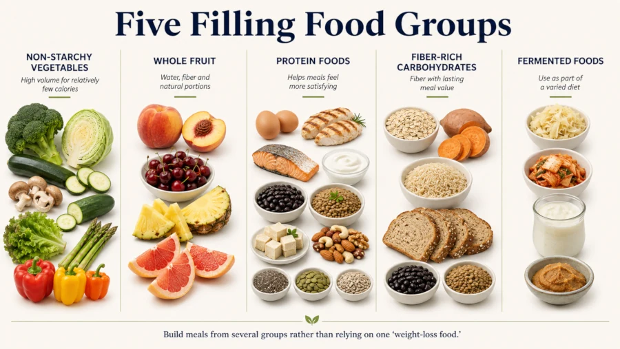 Chart of foods to eat to lose weight grouping vegetables, whole fruit, protein foods, fiber-rich carbohydrates and fermented foods.