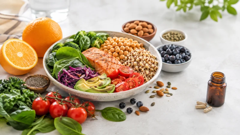 Healthy whole foods beside generic vitamin capsules illustrating a food-first approach to nutrition