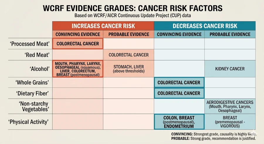 Chart showing WCRF evidence grades for processed meat, red meat, alcohol, whole grains, fiber, vegetables, and physical activity on cancer risk.