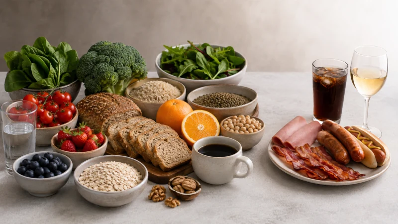 Whole grains, vegetables, fruit, beans, and coffee contrasted with processed meat, alcohol, and sugary drinks
