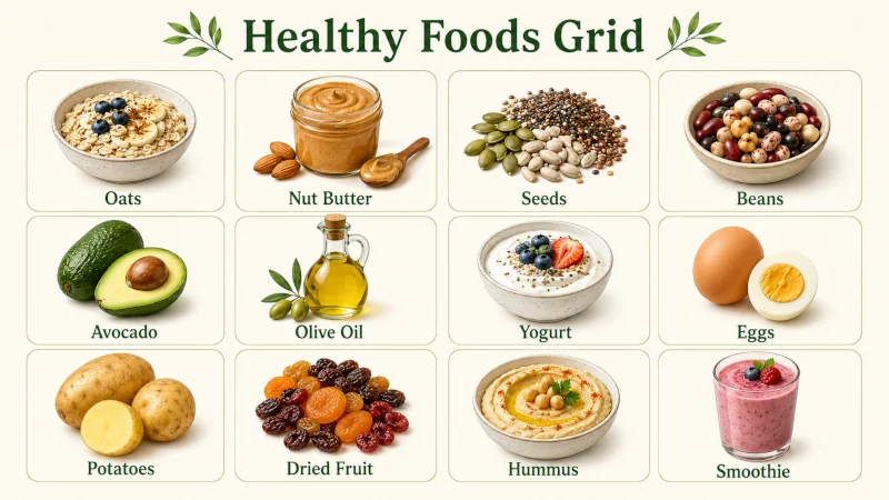 Grid of oats, nut butter, seeds, beans, avocado, olive oil, yogurt, eggs, potatoes, dried fruit, hummus, and a smoothie.