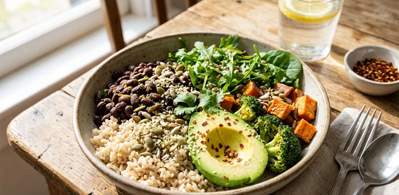 Balanced meal with rice, beans, avocado, vegetables, and seeds as foods to help gain weight.