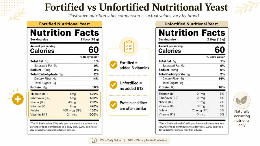 Comparison of fortified versus unfortified nutritional yeast nutrition labels.
