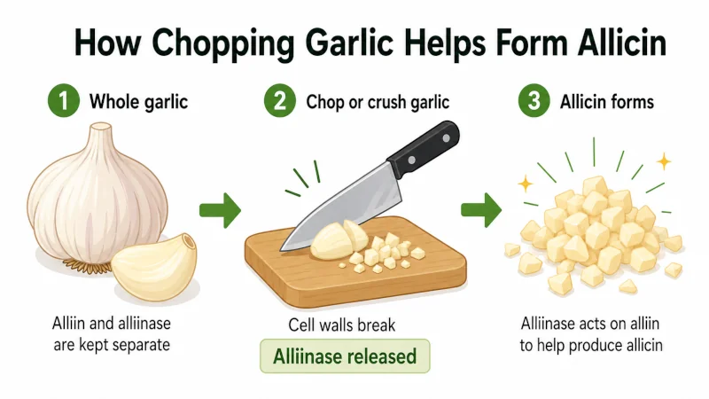 Simple educational diagram showing that chopping garlic releases alliinase and helps form allicin.