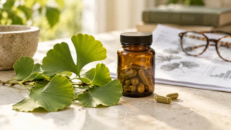 Fresh ginkgo biloba leaves beside an herbal extract bottle and medical research papers