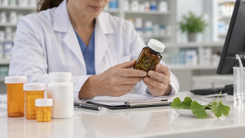 Pharmacist reviewing a ginkgo supplement alongside prescription medicines for possible interactions
