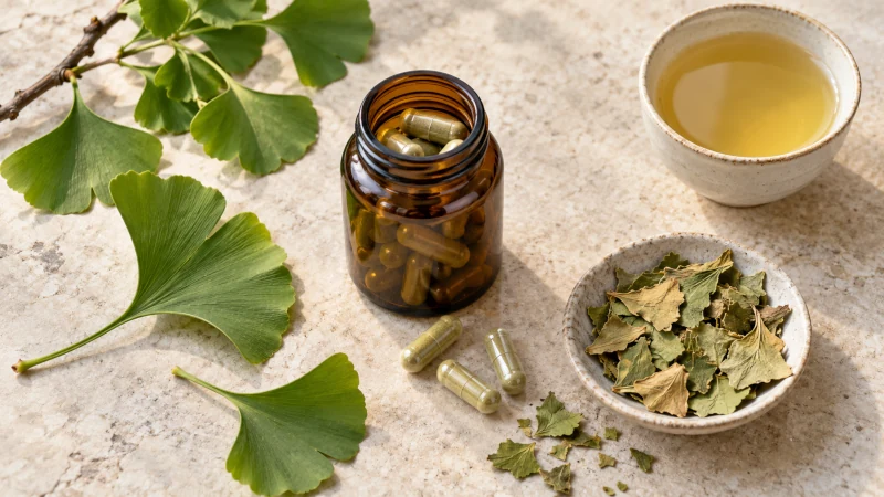 Ginkgo leaf extract capsules, dried leaves and tea representing common forms of ginkgo biloba