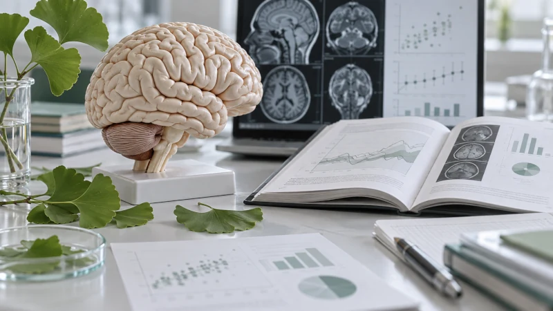 Ginkgo leaves beside a brain model and research papers representing studies on memory and dementia