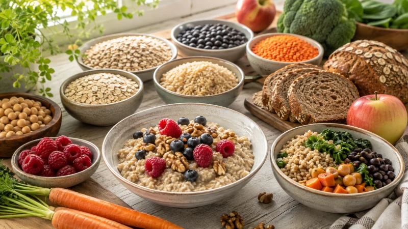 High-fiber foods including oats, lentils, beans, brown rice, whole-grain bread, berries, vegetables, and chickpeas