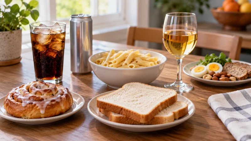Sugary drink, pastry, white bread, refined pasta, alcohol, and energy drink on a table