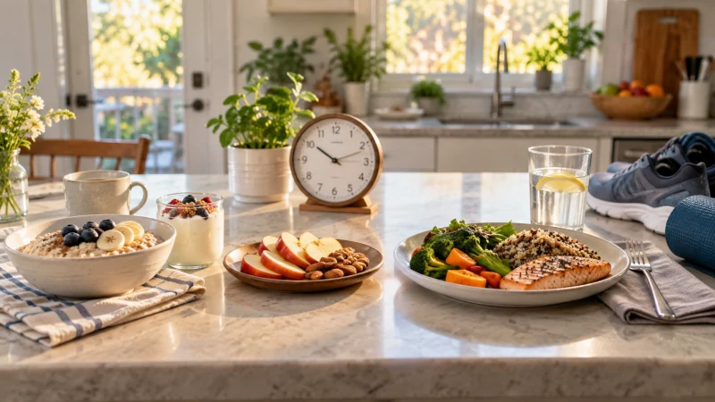 Healthy snacks, meals, clock, and walking shoes representing regular meal timing and activity