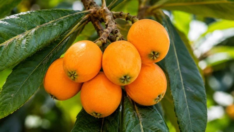 Cluster of ripe orange loquats still on the branch with leaves