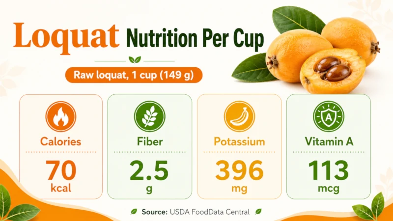 Chart showing loquat's calories, fiber, potassium, and vitamin A per cup