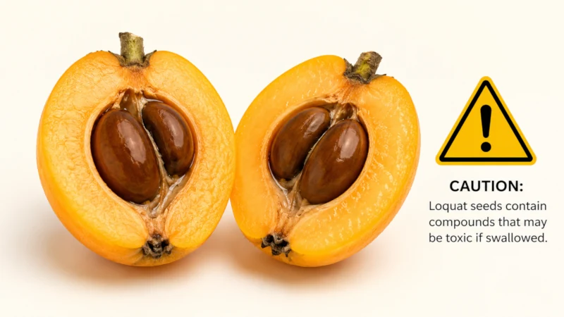 Loquat cut in half showing the large seeds inside, with a caution icon
