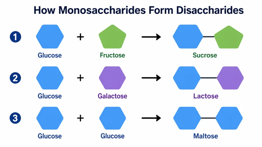 Diagram showing how glucose, fructose, and galactose combine to form sucrose, lactose, and maltose.