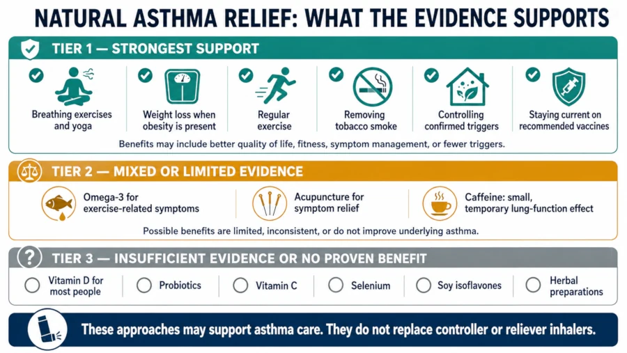 Chart ranking natural asthma relief approaches from strong evidence to insufficient evidence
