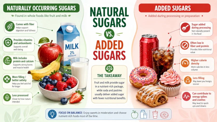 Comparison of naturally occurring sugars in fruit and milk versus added sugars in soda and pastries.