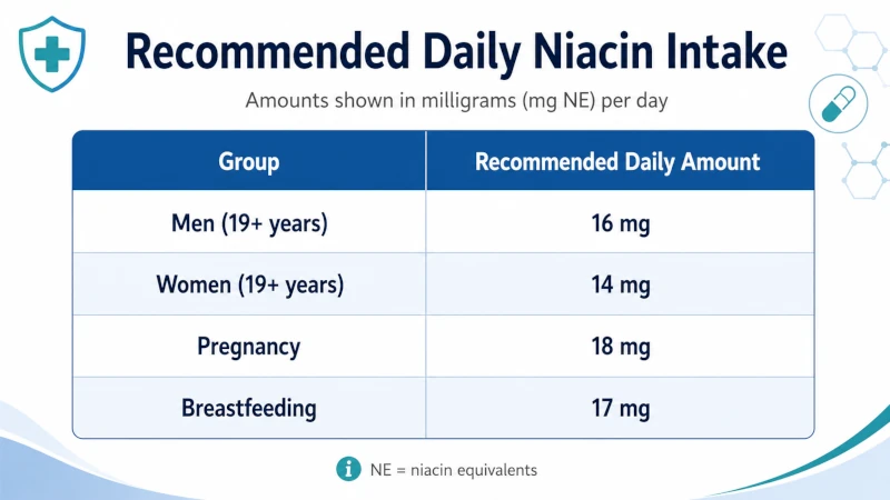 Table of recommended daily niacin in milligrams for men, women, pregnancy and breastfeeding.