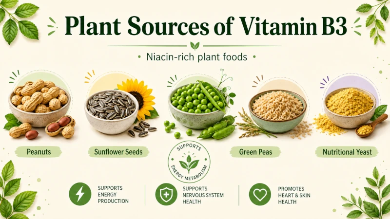 Peanuts, sunflower seeds, green peas, brown rice and nutritional yeast as plant sources of vitamin B3 foods.