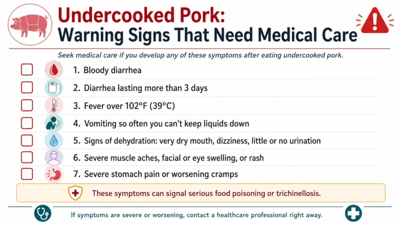 Checklist of warning signs after eating undercooked pork that require medical care.