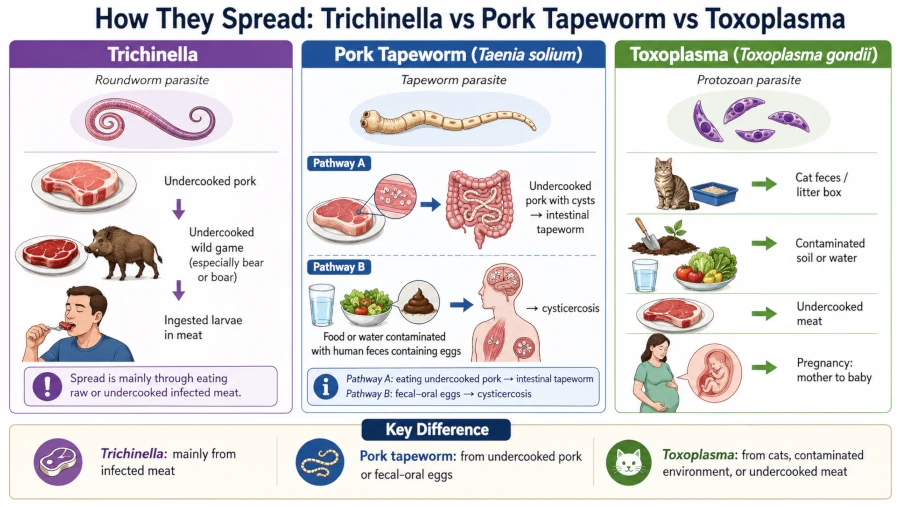Comparison of pork parasites such as Trichinella, pork tapeworm, and Toxoplasma showing how each is spread.