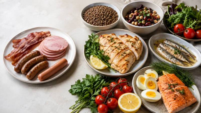 Processed meats contrasted with beans, lentils, fish, chicken, and eggs as alternative protein choices