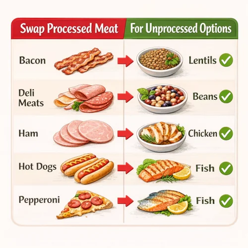 Comparison chart showing swaps from processed meat to unprocessed alternatives like lentils, beans, chicken, and fish.