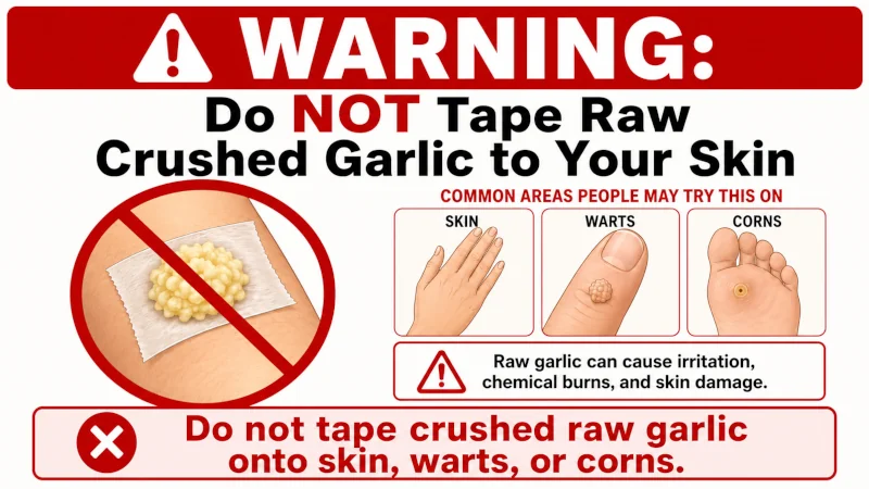 Warning graphic advising readers not to tape crushed raw garlic onto skin, warts, or corns.