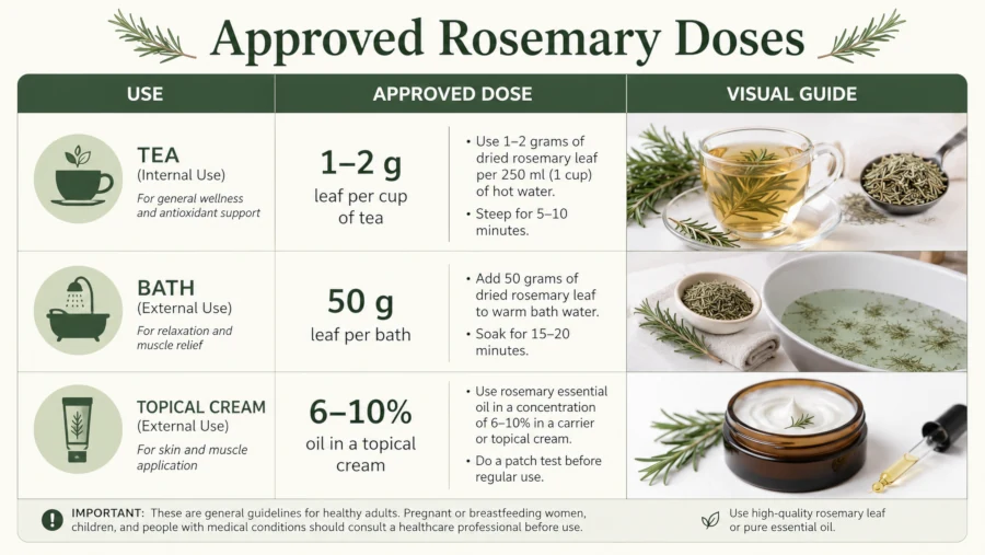 Table of approved rosemary doses: 1–2 g leaf per cup of tea, 50 g leaf per bath, 6–10% oil in a topical cream