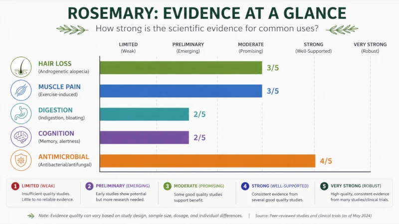 Horizontal bar chart grading the evidence for rosemary across hair loss, muscle pain, digestion, cognition, and antimicrobial use