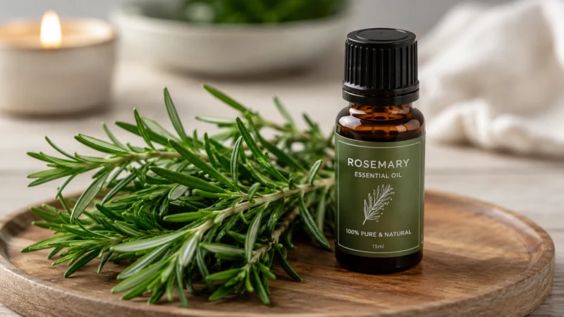 Fresh rosemary sprigs beside a small amber bottle of rosemary essential oil showcasing the benefits of rosemary