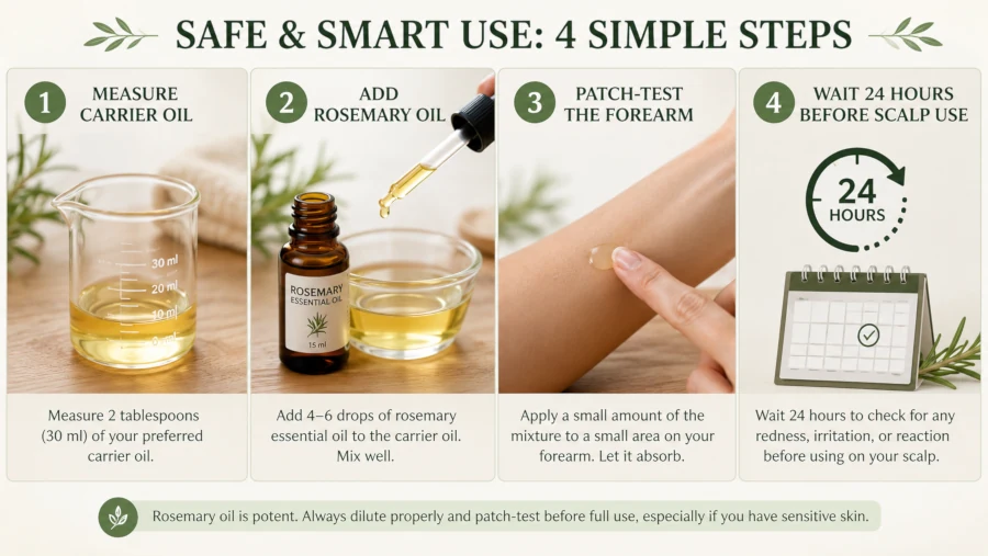 Four-step diagram: measure carrier oil, add rosemary oil, patch-test the forearm, wait 24 hours before scalp use
