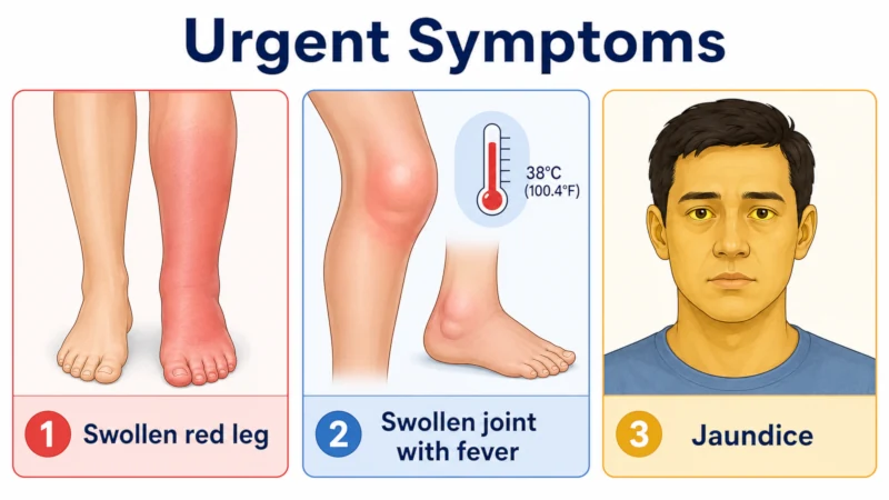 Illustrated list of urgent symptoms including a swollen red leg, a swollen joint with fever, and jaundice