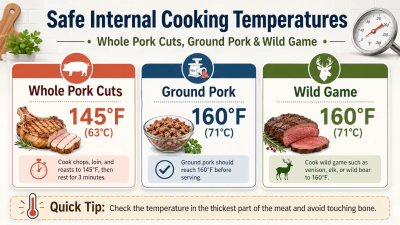 Safe internal cooking temperatures for whole pork cuts, ground pork, and wild game