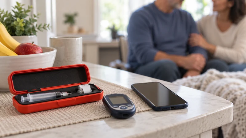 Glucagon rescue kit and phone representing emergency care for severe hypoglycemia