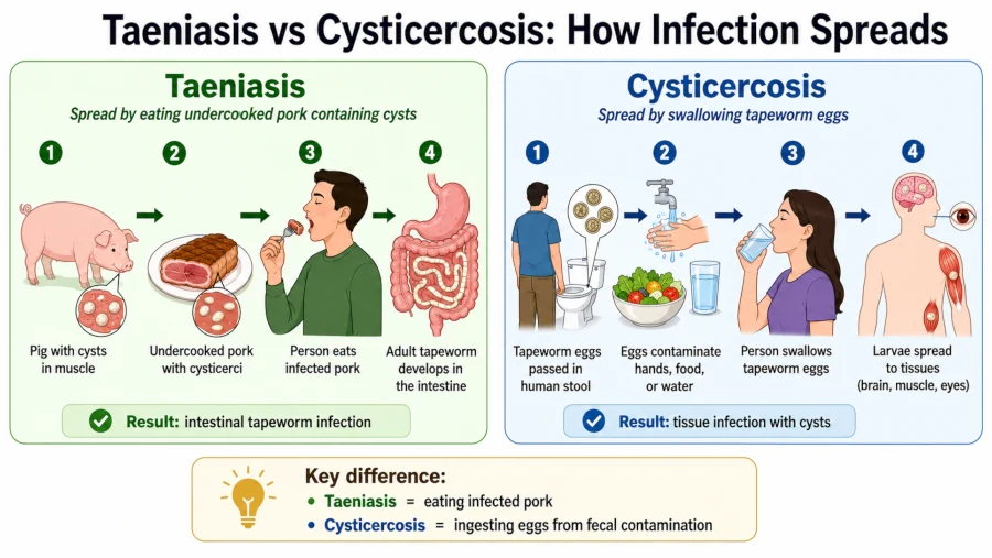 Diagram showing taeniasis spread by eating pork versus cysticercosis spread by swallowing tapeworm eggs