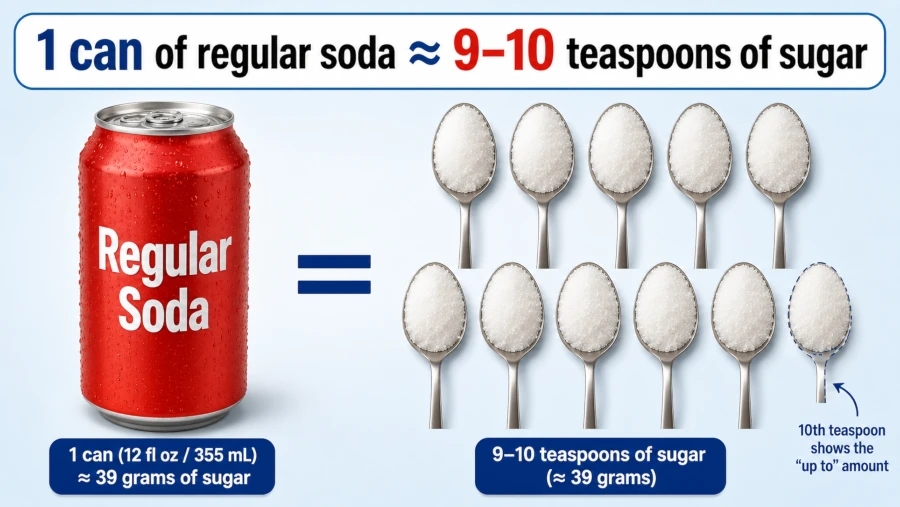 Visual showing roughly nine to ten teaspoons of sugar equal to one can of regular soda.