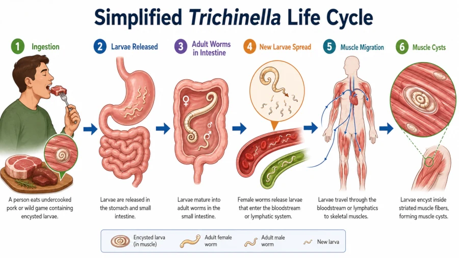 Simplified Trichinella life cycle from ingested larvae to muscle cysts.